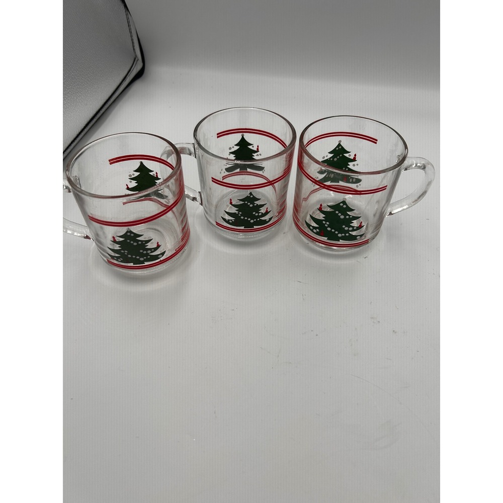 Vintage Christmas Tree Glass Mugs Set of 3 Red Green Holiday Cocoa Cups